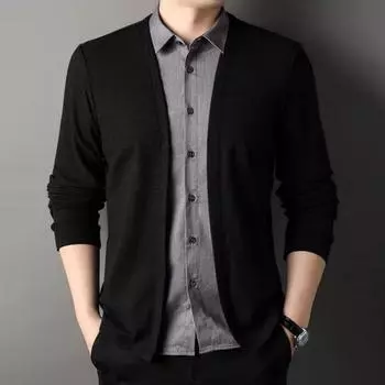 Мужская рубашка весна-осень, поддельный двухкомпонентный кардиган, трикотажный свитер в стиле пэчворк с отложным воротником M чёрный