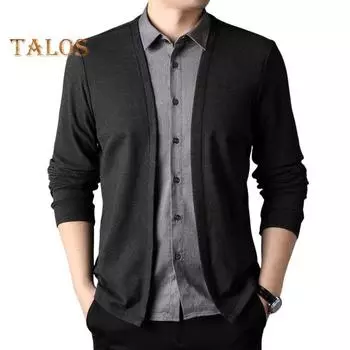 Мужская рубашка весна-осень, поддельный двухкомпонентный кардиган, трикотажный свитер в стиле пэчворк с отложным воротником, формальное офисное пальто в деловом стиле M чёрный