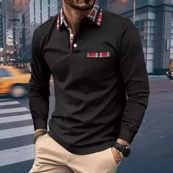 Мужская рубашка весна-осень с отложным воротником на пуговицах, длинными рукавами, клетчатым принтом, нагрудным карманом, облегающим кроем, быстросохнущим свитером для фитнеса и тренировок на открытом воздухе M чёрный