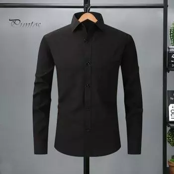 Мужская рубашка весна-осень с отложным воротником, облегающая, эластичная, однобортная, с длинными рукавами, однотонная, средней длины, для деловых мероприятий, офиса M белый