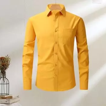 Мужская рубашка весна-осень с отложным воротником, облегающая, эластичная, однобортная, с длинными рукавами, однотонная, средней длины, для деловых мероприятий, офиса M светло-синий