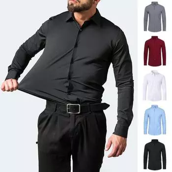 Мужская рубашка весна-осень с отложным воротником, облегающая, эластичная, однобортная, с длинными рукавами, однотонная, средней длины, официальная, деловая XS вино красного