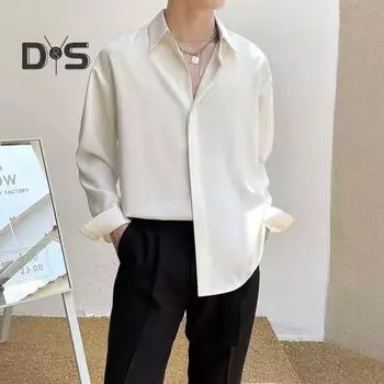 Мужская рубашка весна-осень с отложным воротником, свободная однобортная, с длинными рукавами, однотонная, средней длины, для офиса, клуба, для вечеринок M чёрный