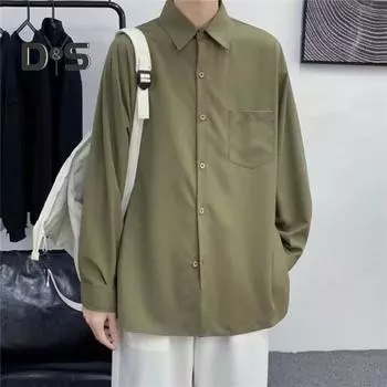 Мужская рубашка весна-осень с отложным воротником свободного кроя в стиле ретро в японском стиле, однобортная, с длинными рукавами, однотонная, средней длины, для молодежи, для официальных деловых мероприятий M хаки