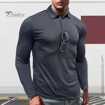 Мужская рубашка весна-осень с отложным воротником на пуговицах, длинными рукавами, облегающий быстросохнущий свитер, тонкий топ для фитнеса и тренировок на открытом воздухе S чёрный