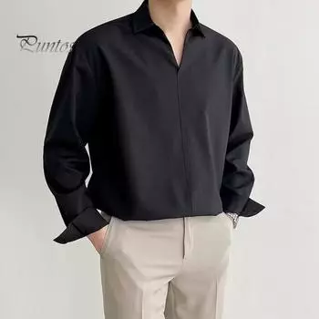 Мужская рубашка весна-осень с V-образным вырезом и лацканами, официальная офисная рубашка, шелковистая свободная прямая рубашка-пуловер, деловой топ для свиданий и вечеринок XL чёрный