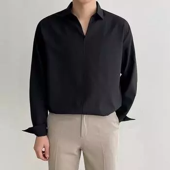 Мужская рубашка весна-осень с V-образным вырезом и лацканами, официальная офисная рубашка, шелковистая, свободная, прямая L чёрный