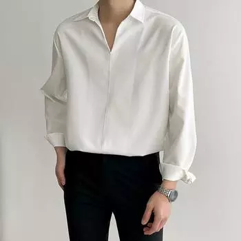 Мужская рубашка весна-осень с V-образным вырезом и лацканами, официальная офисная рубашка, шелковистая свободная прямая рубашка-пуловер, деловой топ для свиданий и вечеринок L белый