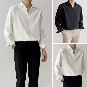 Мужская рубашка весна-осень с V-образным вырезом и лацканами, официальная офисная рубашка, шелковистая свободная прямая рубашка-пуловер, деловой топ для свиданий и вечеринок XL чёрный