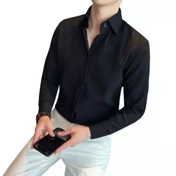 Мужская рубашка весна-осень во французском стиле с отложным воротником, облегающая однобортная рубашка с длинными рукавами, для офиса и деловых мероприятий M чёрный