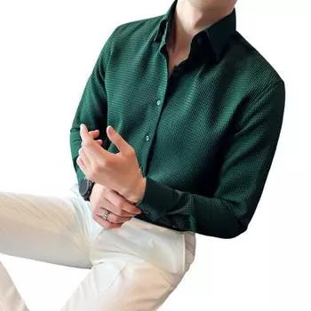 Мужская рубашка весна-осень во французском стиле с отложным воротником, облегающая, с вафельной текстурой M зелёный