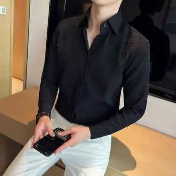 Мужская рубашка весна-осень во французском стиле с отложным воротником, облегающая, с вафельной текстурой, однобортная, с длинными рукавами, однотонная, средней длины, для молодежи, для делового стиля M чёрный