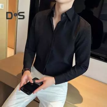 Мужская рубашка весна-осень во французском стиле с отложным воротником, облегающая, с вафельной текстурой, однобортная, с длинными рукавами, однотонная, средней длины, для молодежи, для делового стиля M чёрный