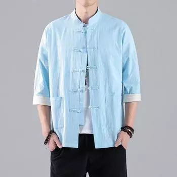 Мужская рубашка, винтажный китайский стиль, пуговицы с узлом, однобортный воротник-стойка, рукава три четверти, большие размеры, чистый цвет, повседневный повседневный костюм Тан, топ