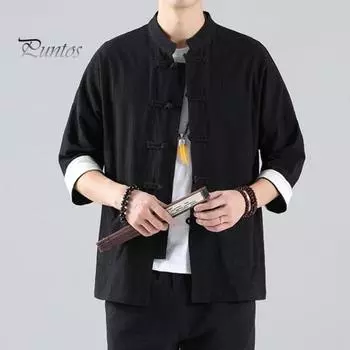 Мужская рубашка, винтажный китайский стиль, пуговицы с узлом, однобортный воротник-стойка, рукава три четверти, большие размеры, чистый цвет, повседневный повседневный костюм Тан, топ 2XL небесно-голубой