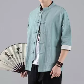Мужская рубашка, винтажный китайский стиль, пуговицы с узлом, однобортный воротник-стойка, рукава три четверти, большие размеры, чистый цвет 2XL небесно-голубой