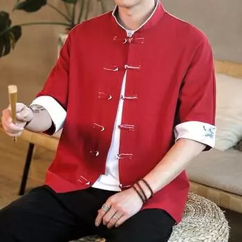 Мужская рубашка, винтажный китайский стиль, пуговицы с вышивкой, однобортный средний воротник-стойка, рукава с узлом, манжеты с принтом, контрастный цвет, кардиган, топ 3XL светло-бежевый