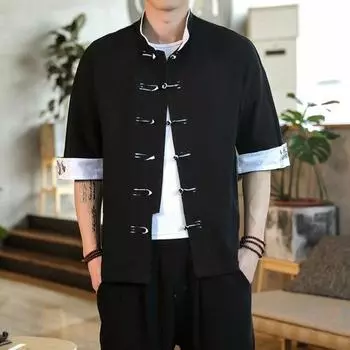 Мужская рубашка, винтажный китайский стиль, вышивка, пуговицы, однобортный воротник-стойка, средние рукава, манжеты с принтом, контрастный цвет M чёрный