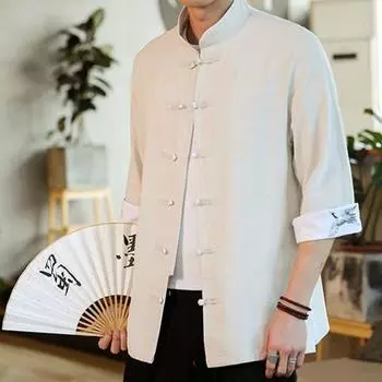 Мужская рубашка, винтажный китайский стиль, вышивка, пуговицы, однобортный воротник-стойка, средние рукава, манжеты с принтом, контрастный цвет, кардиган, топ 3XL светло-бежевый