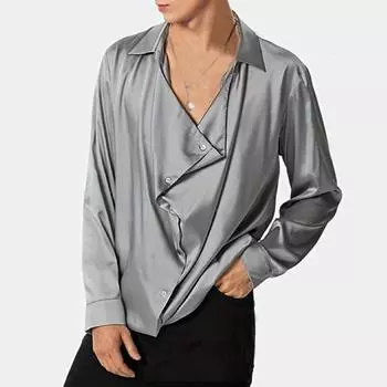 Мужская рубашка Yousheng для вечеринок, свободная, с длинным рукавом, сатиновая, тонкая, во французском стиле, однотонная, с лацканами, однобортная, повседневная S коричневый