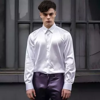 Мужская рубашка Yousheng, глянцевая поверхность, атлас, однотонный цвет, отложной воротник, застежка на пуговицы, средняя длина, официальная деловая рубашка, рубашка для вечеринок и клуба S белый
