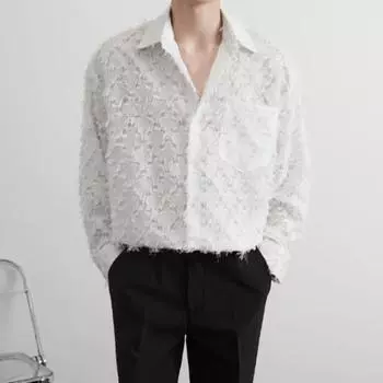 Мужская рубашка Yousheng с карманом на груди и кисточками, отложным воротником, однобортная, с длинными рукавами, однотонная, для праздничной рождественской вечеринки, клубного топа 2XL озеро синий