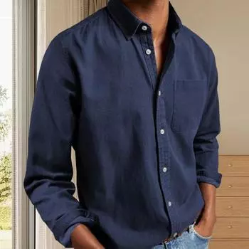 Мужская рубашка Yousheng Spring с нагрудным карманом, отложным воротником, однобортный свободный кардиган, однотонный формальный топ средней длины, повседневная рубашка 2XL небесно-голубой