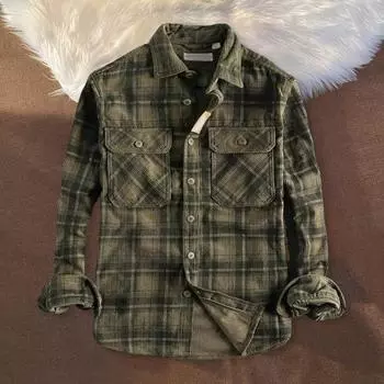 Мужская рубашка Yousheng весна-осень с клетчатым принтом, однобортная, с длинными рукавами, в стиле ретро, с нагрудными карманами, кардиган средней длины M зелёный