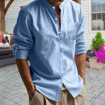 Мужская рубашка Yousheng весна-осень с нагрудным карманом, воротником-стойкой, застегивающимся на пуговицы топом, длинным рукавом, однотонный свободный кардиган, повседневная рубашка M белый