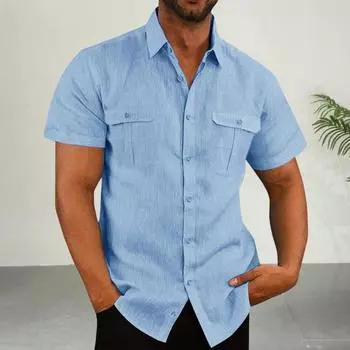 Мужская рубашка Yousheng весна-осень с нагрудными карманами, отложным воротником, застегивающимся на пуговицы, коротким рукавом, однотонный свободный кардиган, повседневная рубашка M армия зеленый