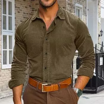 Мужская рубашка Yousheng весна-осень с отложным воротником, однобортная, с длинными рукавами, в винтажном стиле, облегающая, чистого цвета, повседневная, официальная, деловая, офисная S хаки