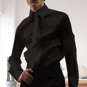Мужская рубашка Yousheng весна-осень с отложным воротником, сетчатыми рукавами, однотонная однобортная рубашка для официального делового стиля, для клубной вечеринки S чёрный