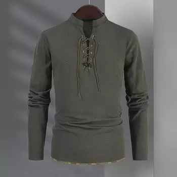 Мужская рубашка Yousheng весна-осень со шнуровкой, воротником-стойкой, длинными рукавами, однотонная, свободная, в стиле ретро, средневековая, средней длины, повседневная, для офиса S бежевый