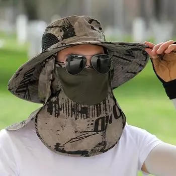 Мужская рыбацкая шляпа с передней крышкой, большими полями, полой сеткой, камуфляжным принтом, защитой от ультрафиолета и солнечного света, быстросохнущая, отличная воздухопроницаемость, на открытом воздухе хаки