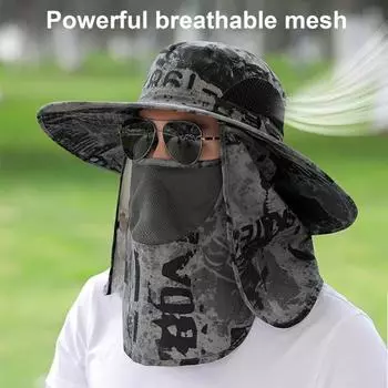 Мужская рыбацкая шляпа с передней крышкой, большими полями, полой сеткой, камуфляжным принтом, защитой от ультрафиолета и солнечного света, быстросохнущая, отличная воздухопроницаемость, на открытом воздухе хаки