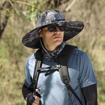 Мужская рыбацкая шляпа с солнечным вентилятором, ветрозащитный ремешок, большие поля, полая сетка, зарядка через USB, защита от ультрафиолета и солнечного света, отличная воздухопроницаемость на открытом воздухе хаки
