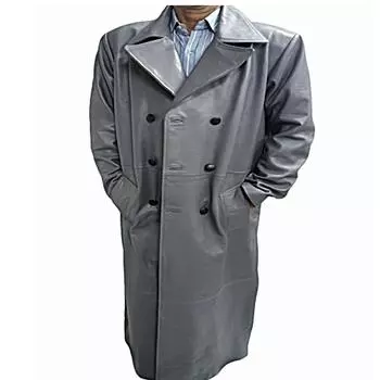 Мужская серая кожа из натуральной коровьей кожи, двубортный стиль, ремень воскового загара, длинная уличная одежда, плащ, длинный стильный плащ, подарок для мужчин XS серый