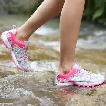 Мужская сетчатая обувь, нескользящие шнурки, легкая обувь на шнуровке для влюбленных, уличная обувь для прогулок по морю, пляжные тапочки EU:37 розовый