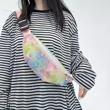 Мужская сетчатая сумка через плечо с принтом, женская спортивная нагрудная сумка, студенческая поясная сумка розовый/зелёный