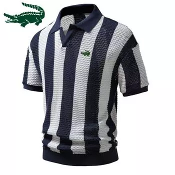 Мужская сетка-поло весна/лето 2024, сетка-поло с короткими рукавами, рыболовные сети, модная мужская полосатая рубашка-поло европейского размера S