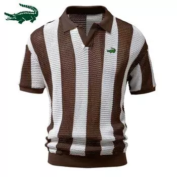 Мужская сетка-поло весна/лето 2024, сетка-поло с короткими рукавами, рыболовные сети, модная мужская полосатая рубашка-поло европейского размера S зелёный