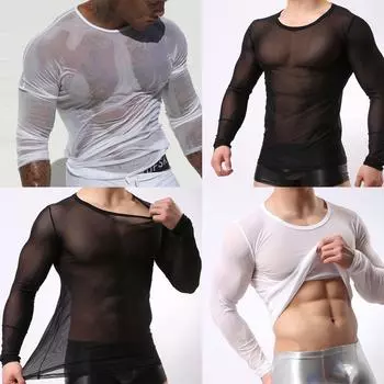 Мужская сексуальная модная дышащая прозрачная сетчатая футболка с длинными рукавами, топы
