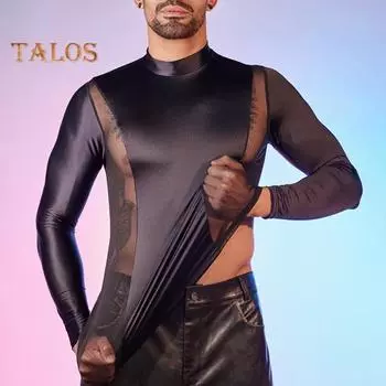 Мужская сексуальная сетчатая футболка, масляный глянцевый блестящий топ, облегающий топ в стиле пэчворк, дышащая рубашка с длинным рукавом, эластичная обтягивающая куртка для повседневной вечеринки в клубе