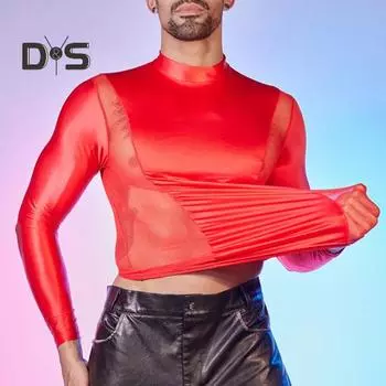 Мужская сексуальная сетчатая футболка, масляный глянцевый блестящий топ, облегающий топ в стиле пэчворк, дышащая рубашка с длинным рукавом, эластичная обтягивающая куртка для повседневной вечеринки в клубе