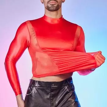 Мужская сексуальная сетчатая футболка, масляный глянцевый блестящий топ, облегающий топ в стиле пэчворк, дышащая рубашка с длинным рукавом, эластичная обтягивающая куртка для повседневной вечеринки в клубе