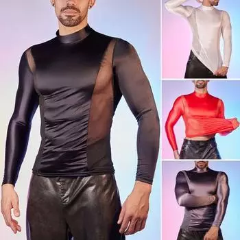 Мужская сексуальная сетчатая футболка с масляным блеском, блестящий топ в стиле пэчворк, облегающий топ с дышащим длинным рукавом
