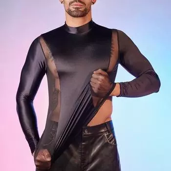 Мужская сексуальная сетчатая футболка с масляным блестящим верхом, облегающий топ в стиле пэчворк, дышащая рубашка с длинным рукавом