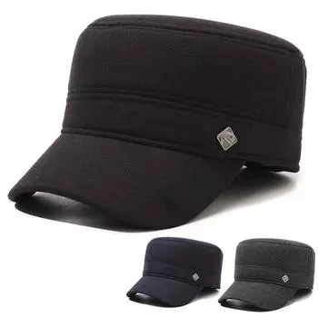 Мужская шапка для осени и зимы среднего возраста, теплая, морозостойкая шерстяная шапка с плоским верхом, бархатная кепка для защиты ушей серый