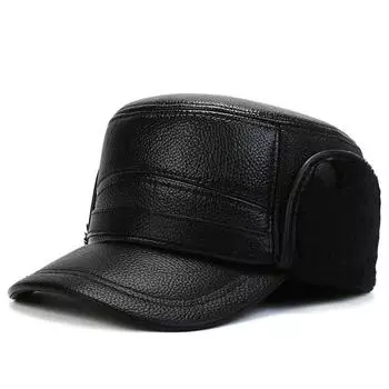 Мужская шапка из искусственной кожи для людей среднего и пожилого возраста, зимняя теплая, защита ушей и шеи, хлопковая шапка для пожилых людей, водонепроницаемая бархатная шляпа с плоским верхом чёрный