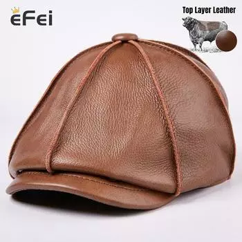 Мужская шапка из натуральной кожи, шапка из натуральной воловьей кожи L(55-56cm) чёрный